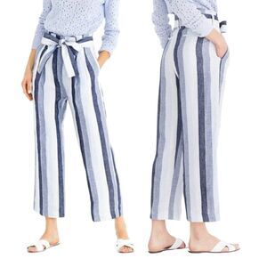 J. Crew Point Sur Linen Paperbag Pants 4 Blue Wide Leg Striped Belt Nautical